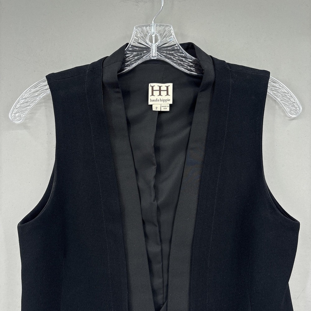 Haute Hippie Blouse Womens 2 Black Sleeveless Tuxedo Vest High Low Tail Hem - Picture 2 of 13